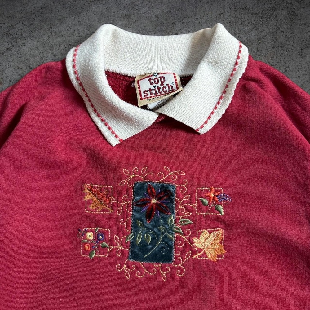 Vintage 90's Top Stitch Flowers Collared Crewneck Sweater Grandma Cozy Knit
